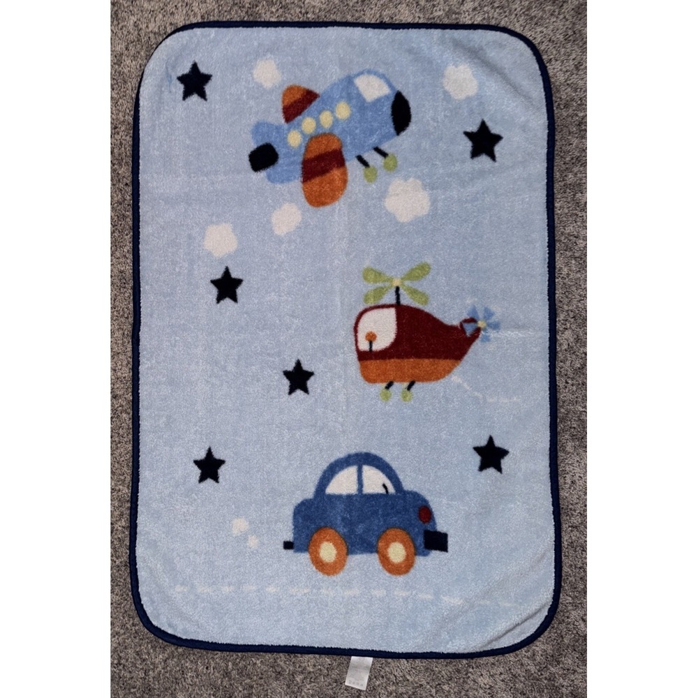 Parent's Choice Blue Baby Blanket Airplane Helicopter Car Stars Clouds 30" x 45"